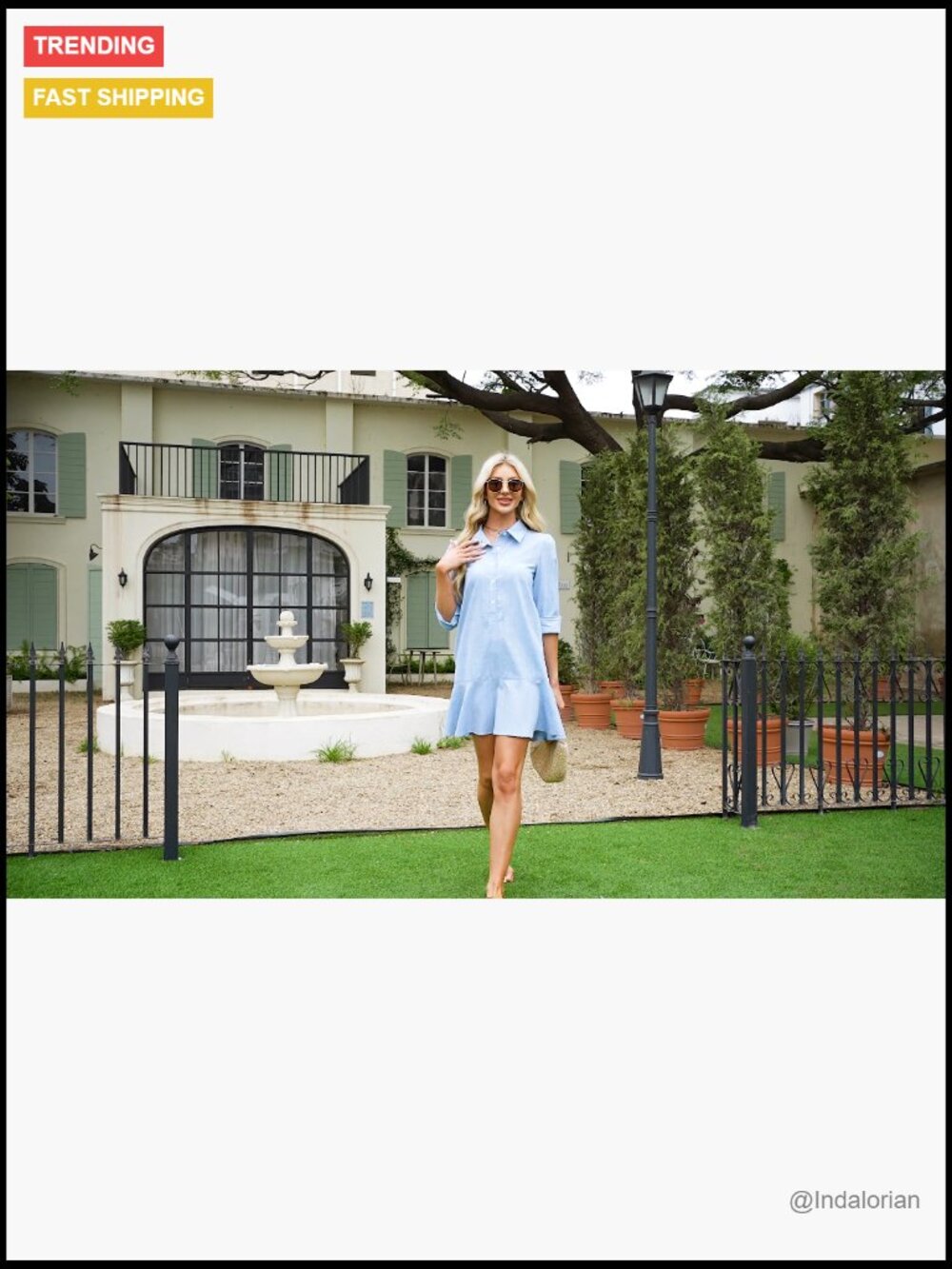 Cotton Linen Long Sleeve Shift Dress with Pockets Ruffle Hem - Picture 7 of 7